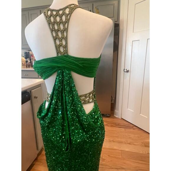 SCALA 100% SILK TOP SEQUINED BEADED NECK FLOOR LENGTH GREEN GOWN WOMENS SIZE 5 - Picture 10 of 15
